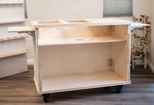 Mobile fluted cart with open shelves and two-tier interior, on rolling casters