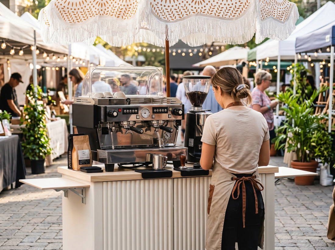 Custom ivory fluted mobile coffee cart with wood countertop, umbrella, foldable side shelf, and black caster wheels.