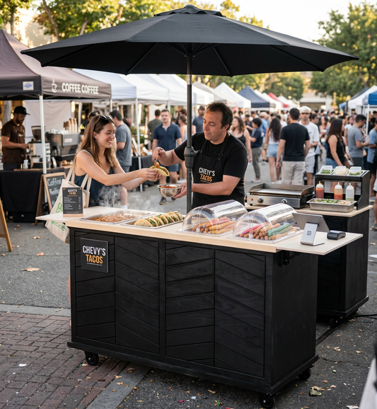 Mobile food cart vendor serving customers at an outdoor market with a professional cart setup and food business equipment.