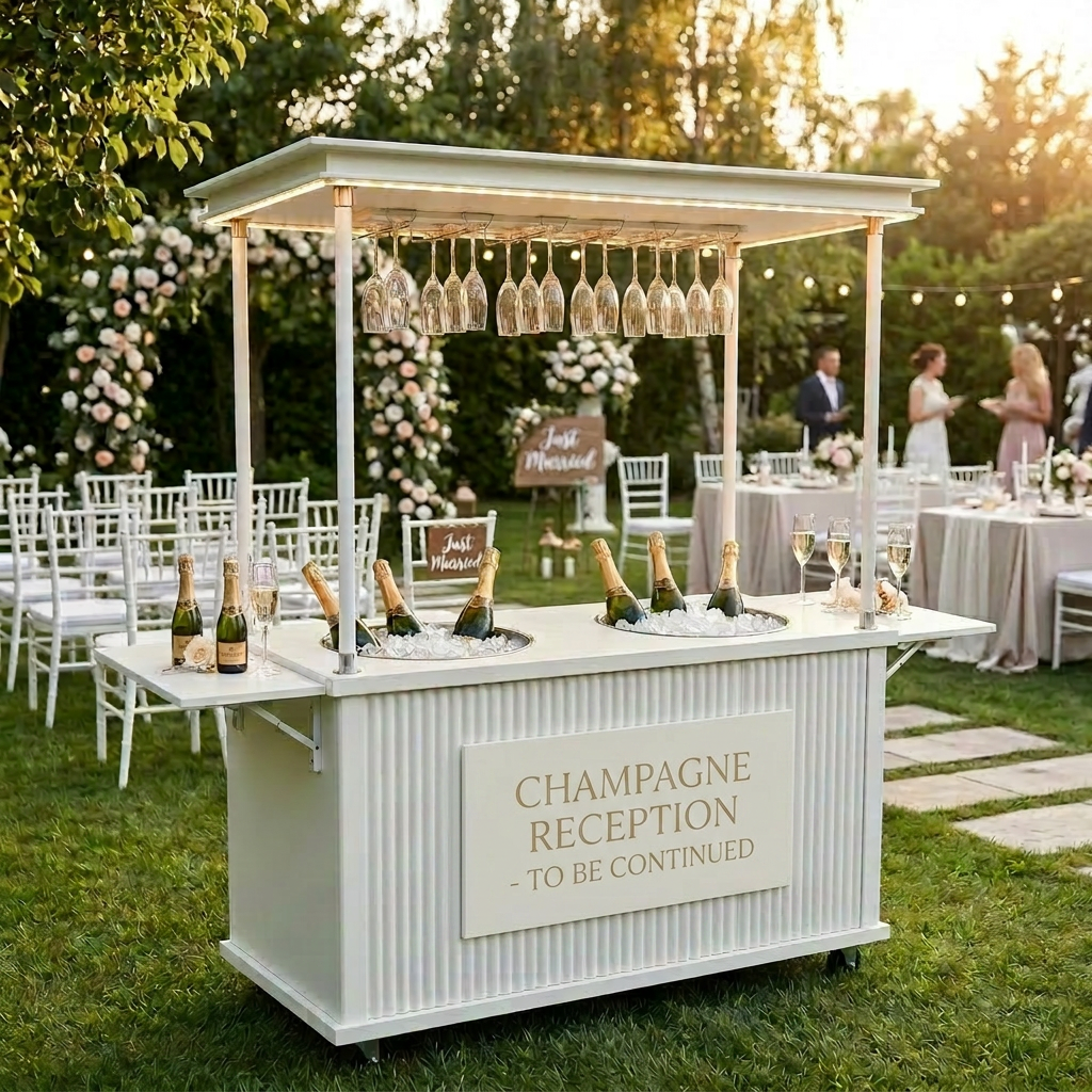 Custom champagne event cart for weddings and welcome drinks